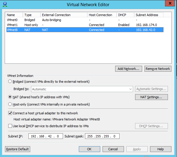 El configurador de redes de VMWare