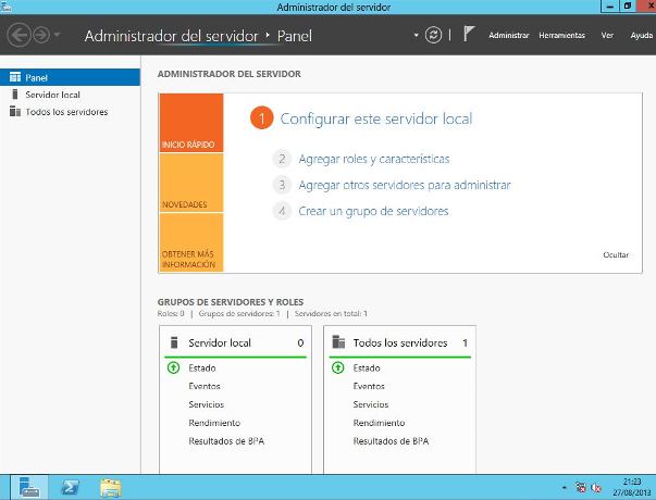 La ventana del Server Manager al iniciarse Windows 2012